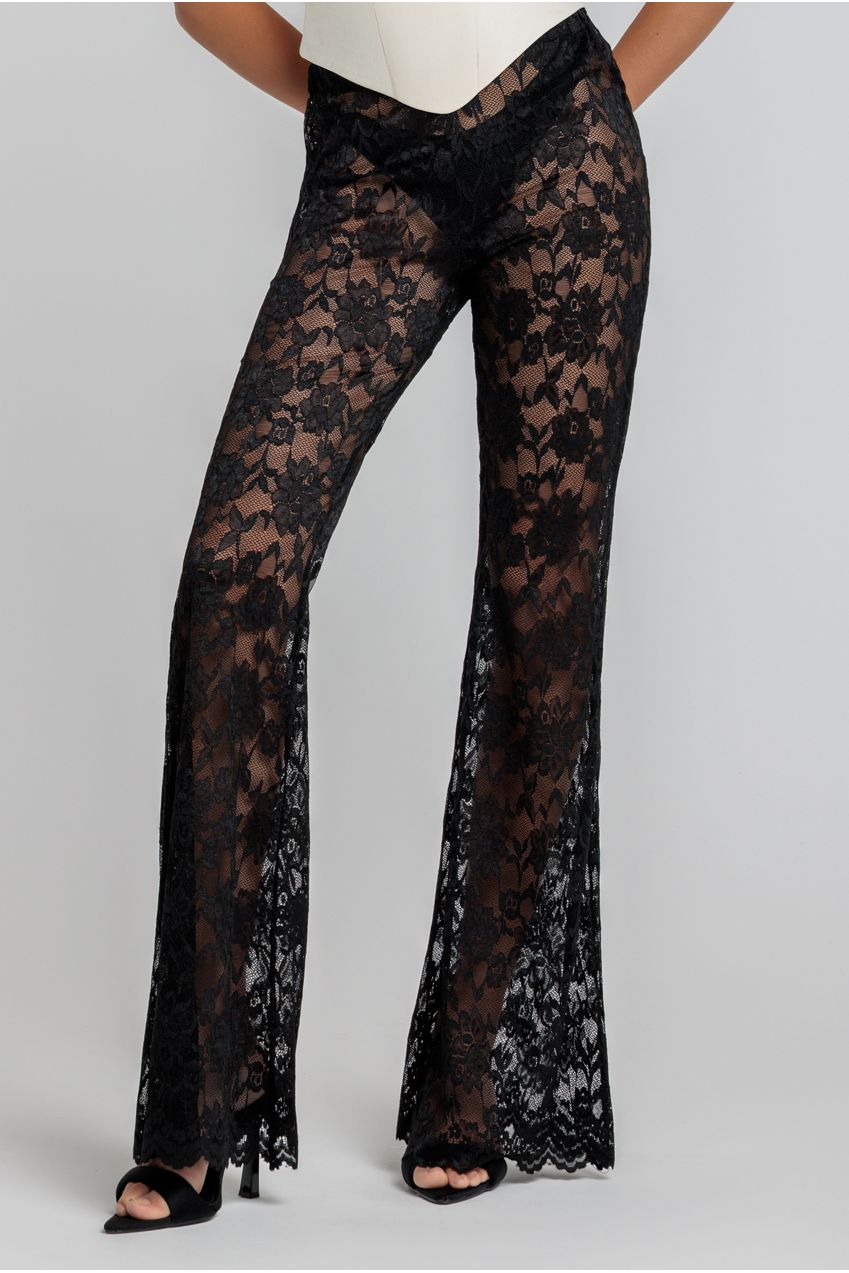 Goddiva Bootcut Scalloped Lace Pant - Black