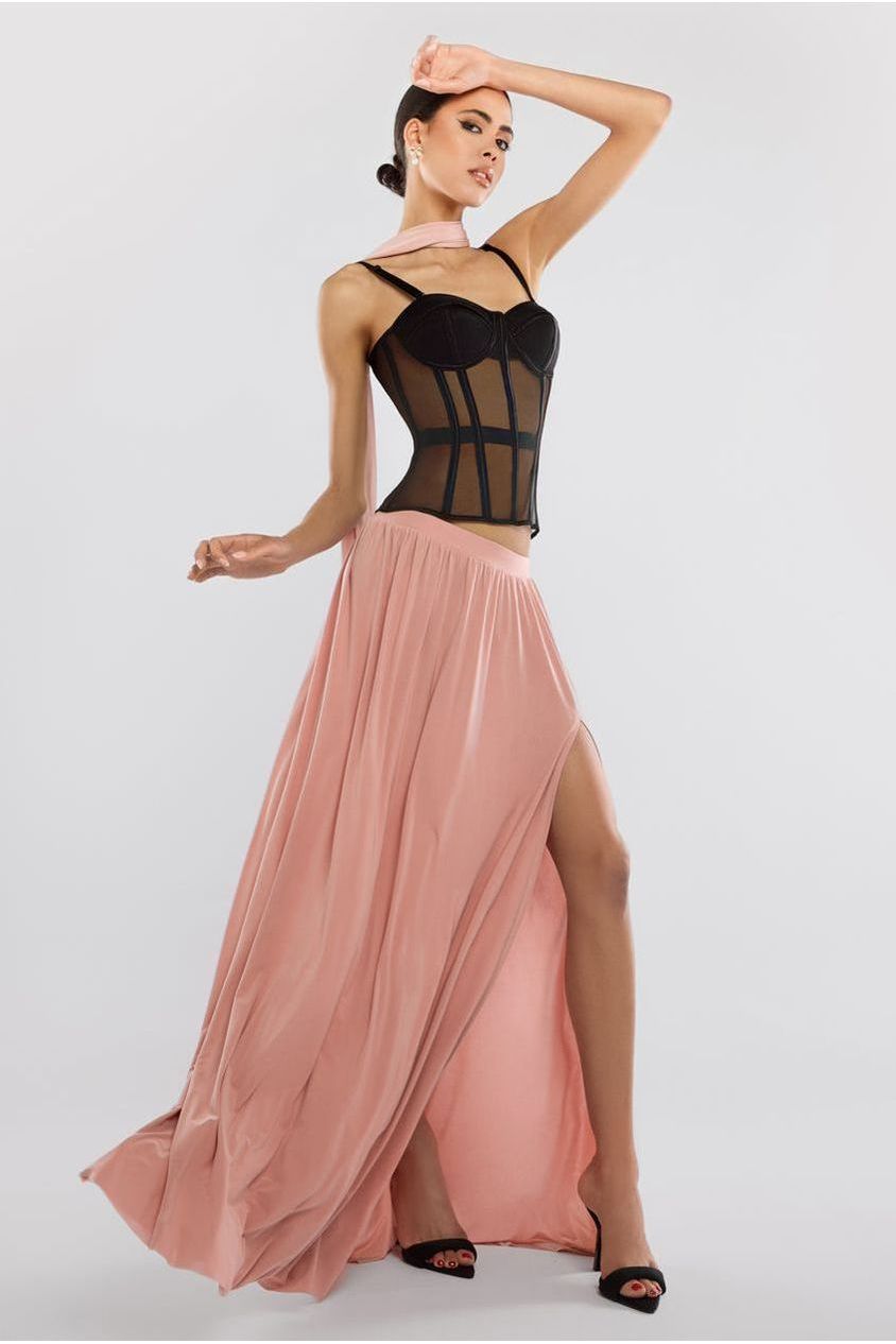 Goddiva Sheer Panel Mesh Corset & Side Split Jersey Maxi Skirt & Scarf Black & Blush Pink