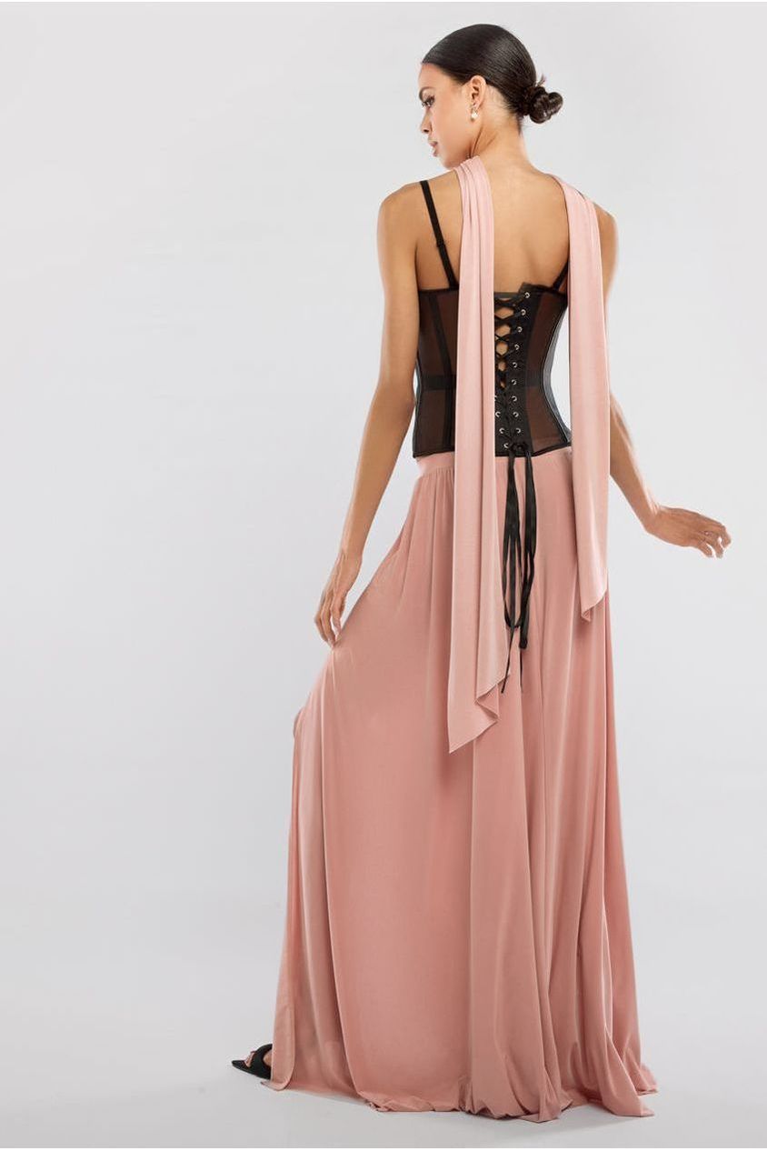 Goddiva Sheer Panel Mesh Corset & Side Split Jersey Maxi Skirt & Scarf Black & Blush Pink
