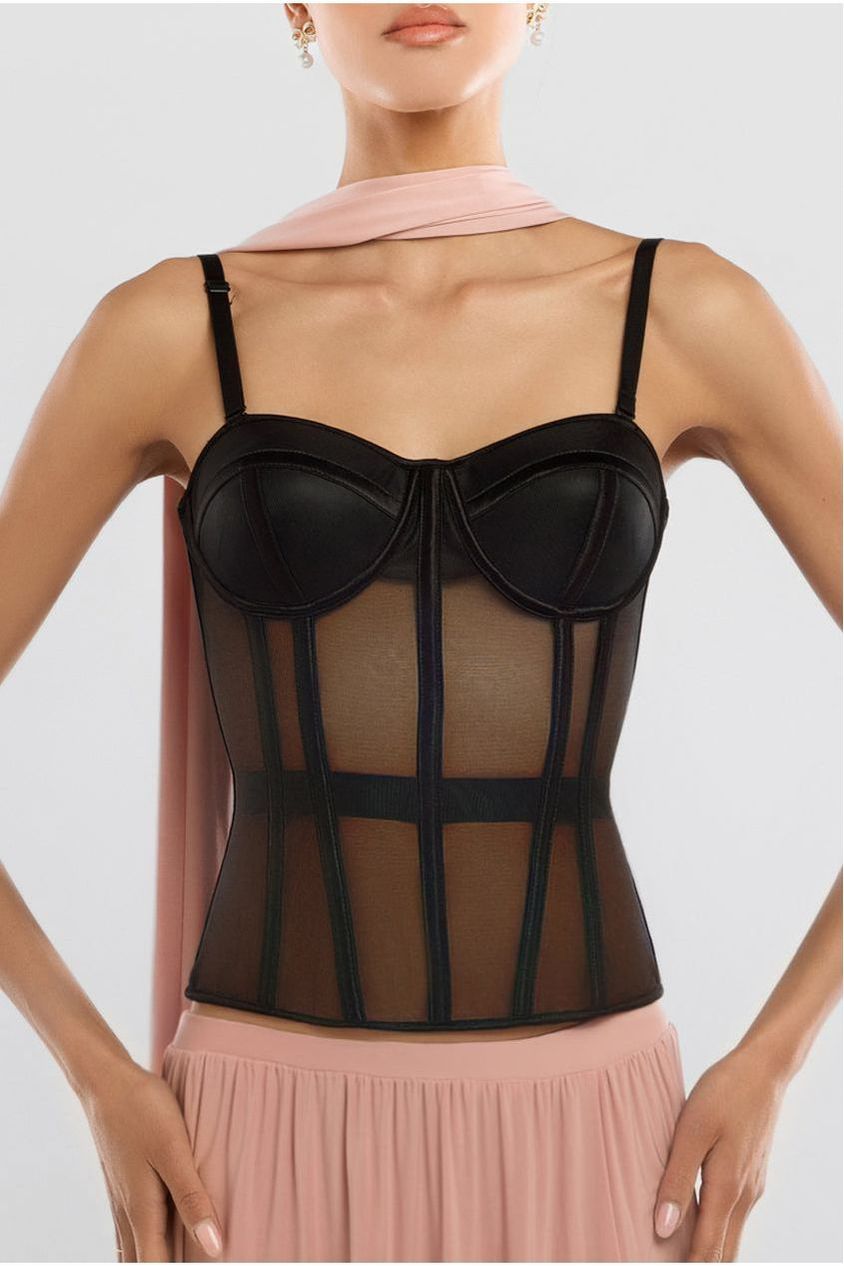 Goddiva Sheer Panel Mesh Corset & Side Split Jersey Maxi Skirt & Scarf Black & Blush Pink