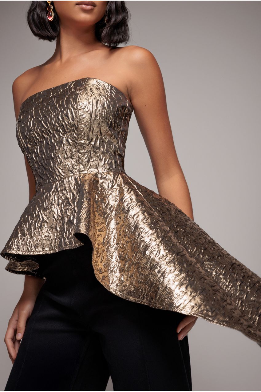 Goddiva Boob Tube Jacquard Top With Asymmetric Peplum Frill - Bronze Gold