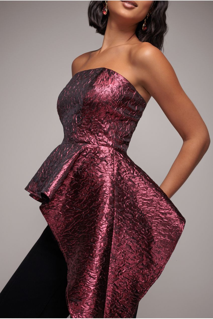 Goddiva Boob Tube Jacquard Top With Asymmetric Peplum Frill - Burgundy Red