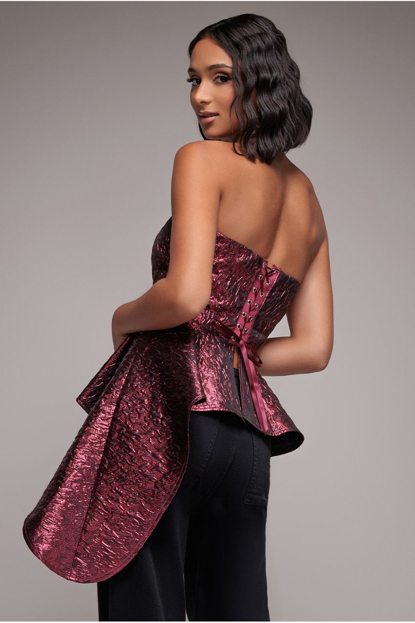 Goddiva Boob Tube Jacquard Top With Asymmetric Peplum Frill - Burgundy Red