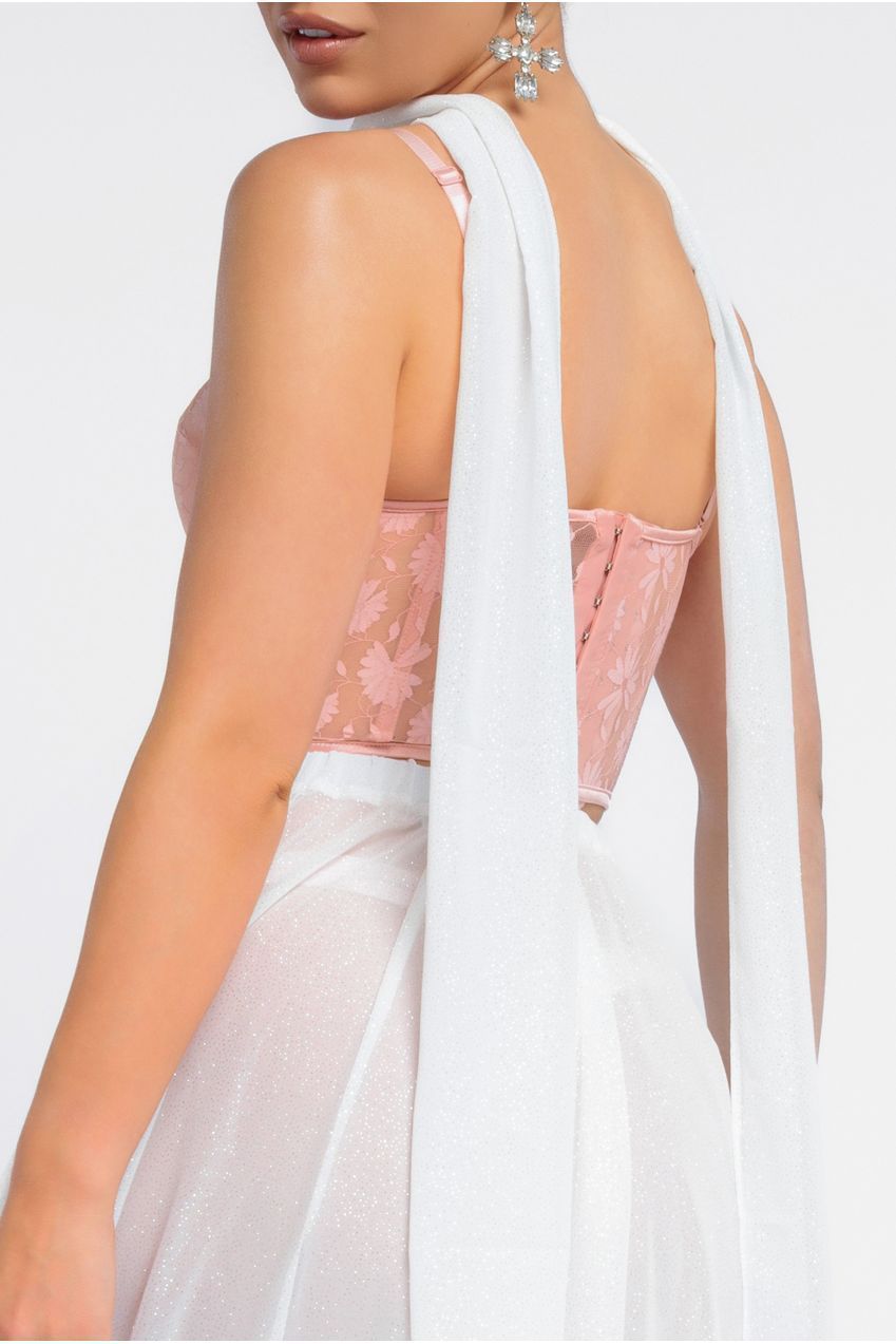 Goddiva Textured Floral Mesh Corset Gathered A-Line Glitter Chiffon Maxi Skirt With Jersey Scarf & Diamante Embellished Mesh Gloves - Blush & Cream