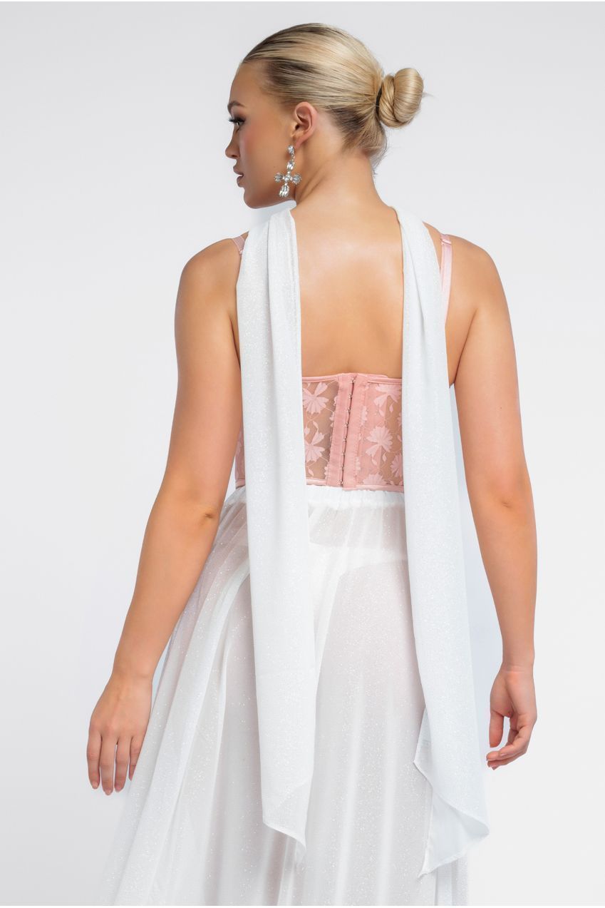 Goddiva Textured Floral Mesh Corset Gathered A-Line Glitter Chiffon Maxi Skirt With Jersey Scarf & Diamante Embellished Mesh Gloves - Blush & Cream