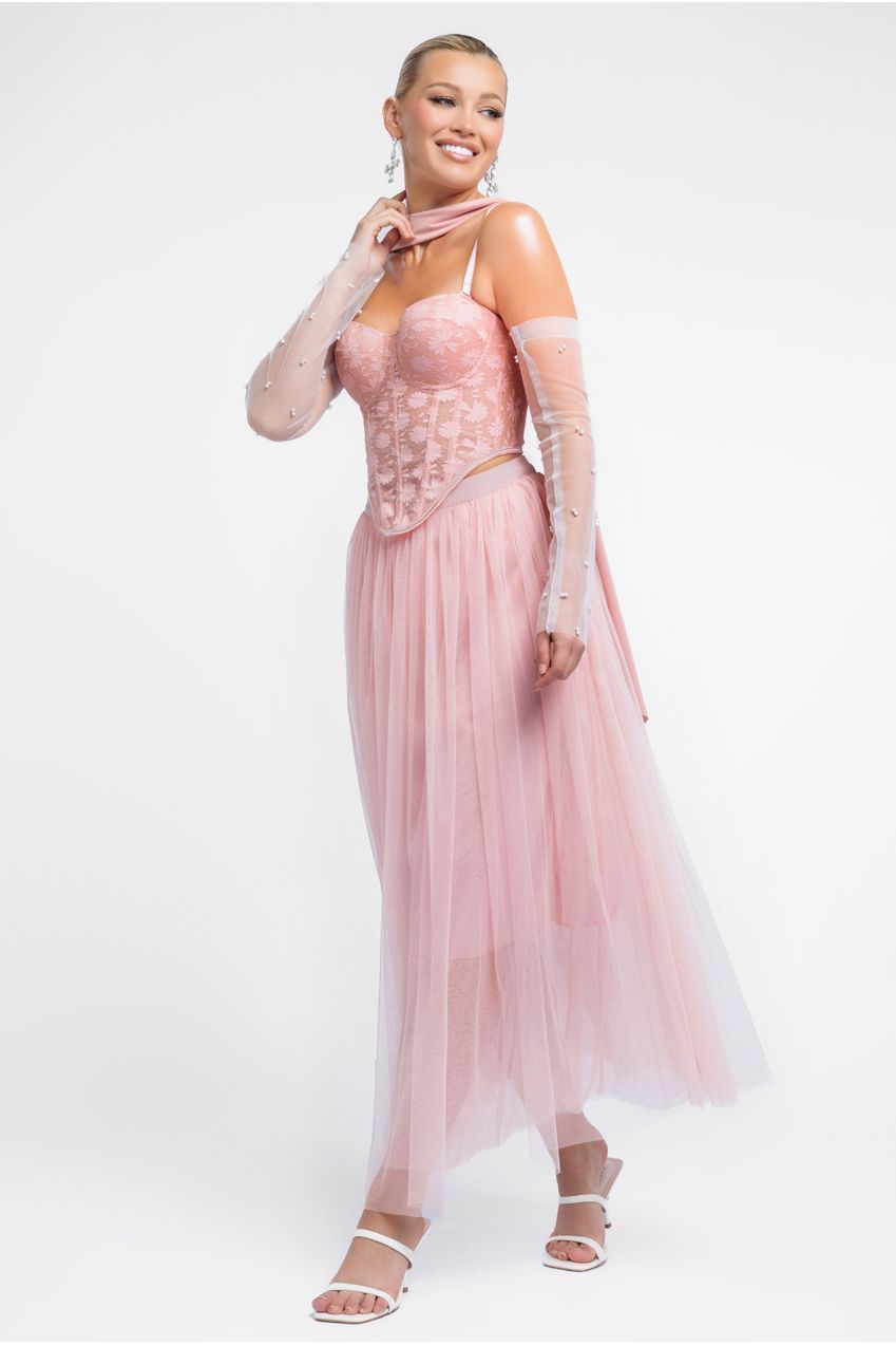 Goddiva Textured Floral Mesh Corset Tulle Gathered Midaxi Skirt With Jersey Scarf & Embellished Fingerless Mesh Gloves - Blush