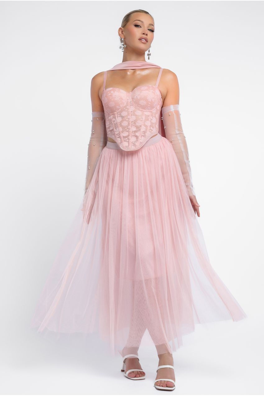 Goddiva Textured Floral Mesh Corset Tulle Gathered Midaxi Skirt With Jersey Scarf & Embellished Fingerless Mesh Gloves - Blush