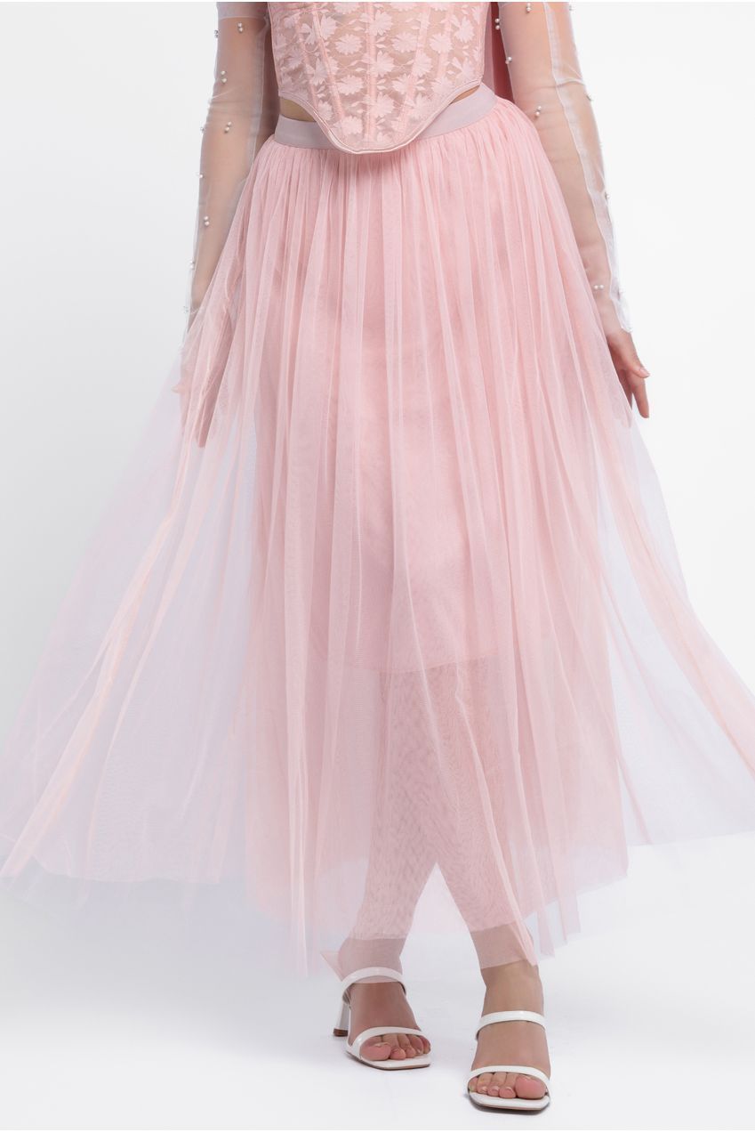 Goddiva Textured Floral Mesh Corset Tulle Gathered Midaxi Skirt With Jersey Scarf & Embellished Fingerless Mesh Gloves - Blush