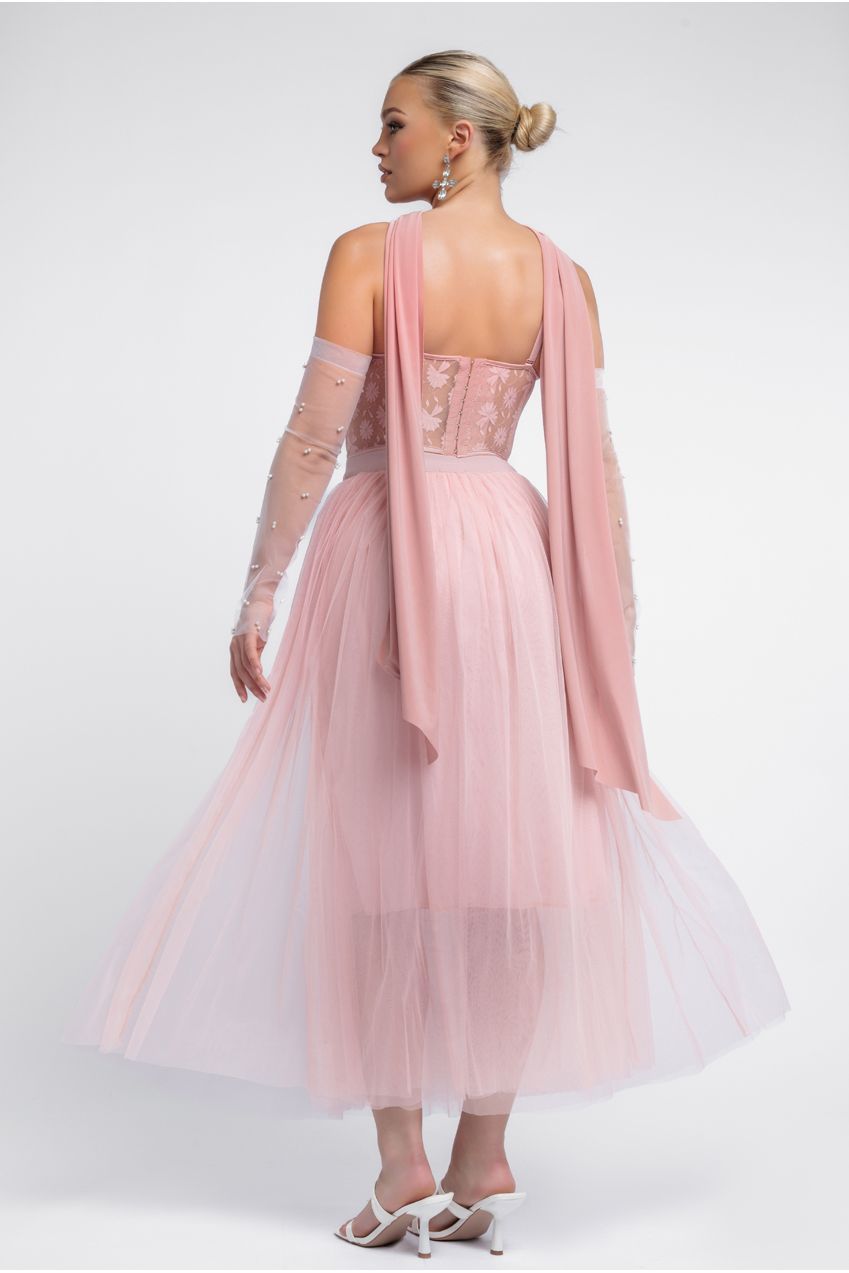 Goddiva Textured Floral Mesh Corset Tulle Gathered Midaxi Skirt With Jersey Scarf & Embellished Fingerless Mesh Gloves - Blush