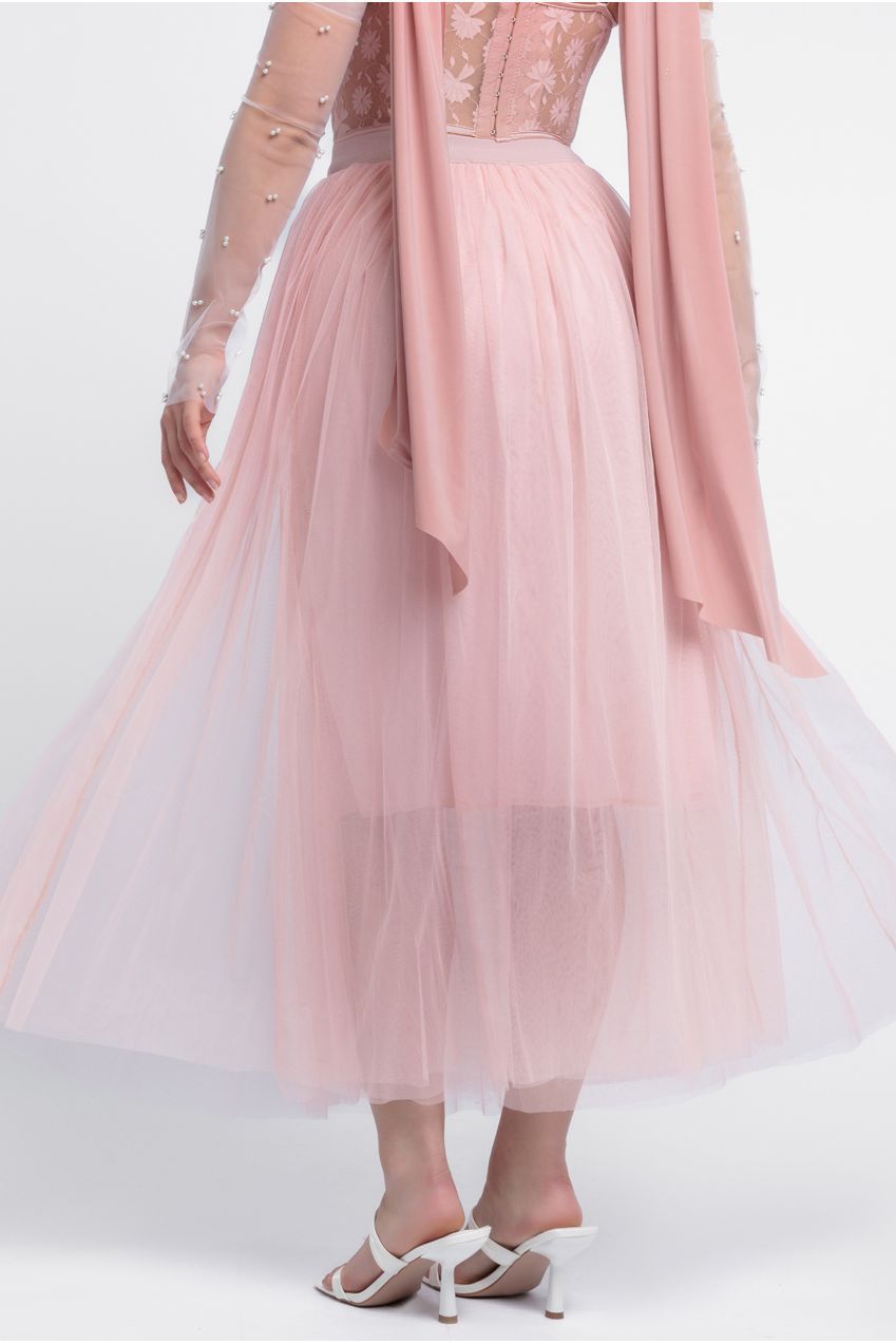 Goddiva Textured Floral Mesh Corset Tulle Gathered Midaxi Skirt With Jersey Scarf & Embellished Fingerless Mesh Gloves - Blush