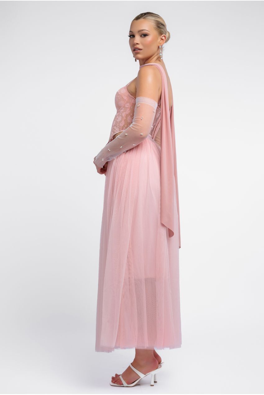 Goddiva Textured Floral Mesh Corset Tulle Gathered Midaxi Skirt With Jersey Scarf & Embellished Fingerless Mesh Gloves - Blush