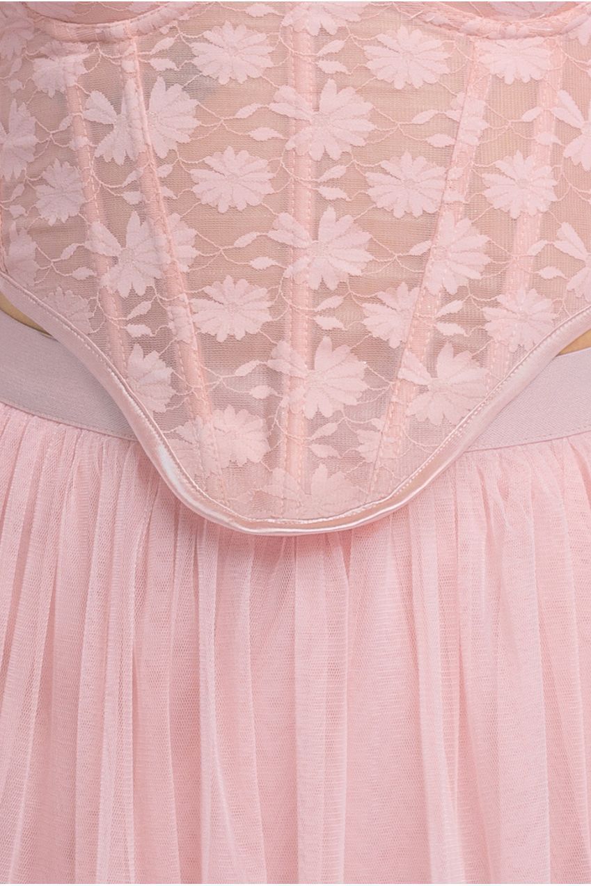 Goddiva Textured Floral Mesh Corset Tulle Gathered Midaxi Skirt With Jersey Scarf & Embellished Fingerless Mesh Gloves - Blush