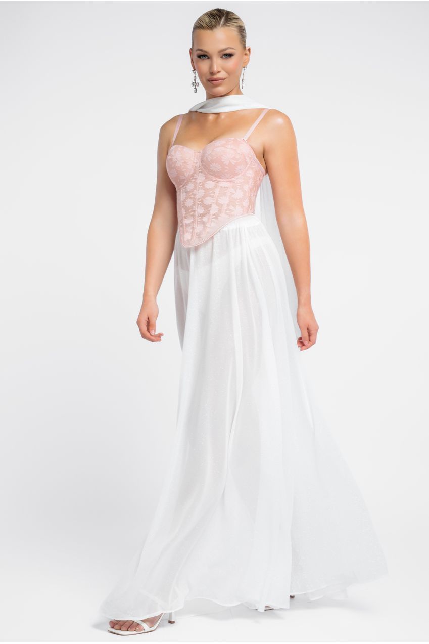 Goddiva Textured Floral Mesh Corset Gathered A-Line Glitter Chiffon Maxi Skirt With Jersey Scarf & Diamante Embellished Mesh Gloves - Blush & Cream