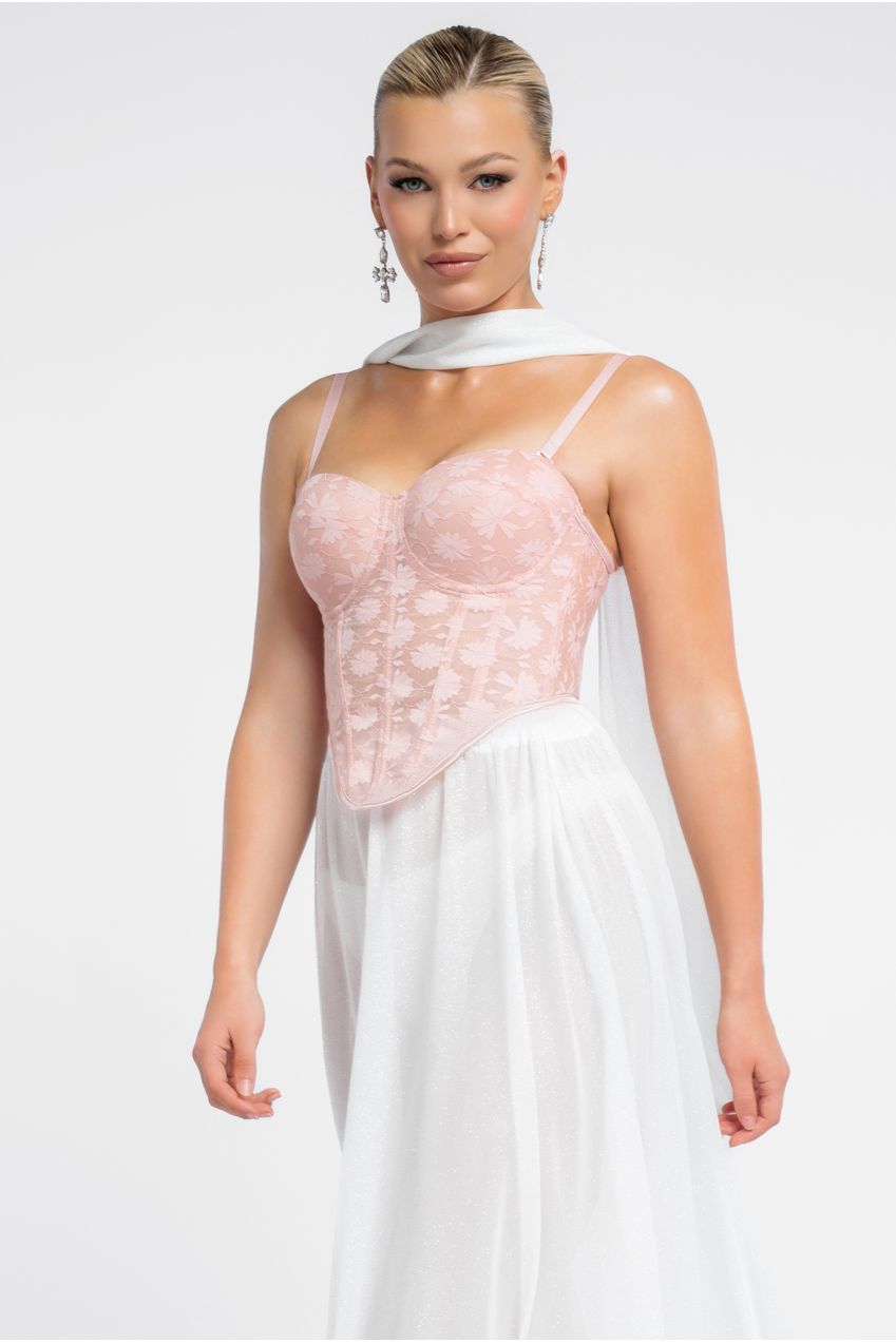 Goddiva Textured Floral Mesh Corset Gathered A-Line Glitter Chiffon Maxi Skirt With Jersey Scarf & Diamante Embellished Mesh Gloves - Blush & Cream