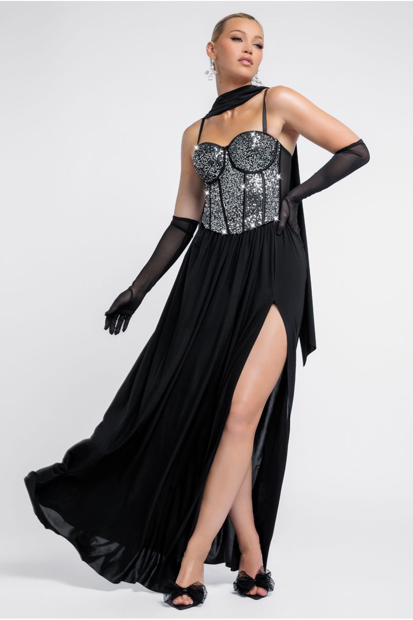 Goddiva Sequin Corset Side Split Jersey Maxi Skirt With Scarf & Stretch Mesh Gloves - Black & Silver