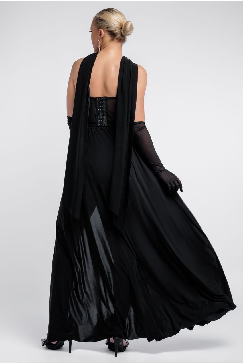 Goddiva Sequin Corset Side Split Jersey Maxi Skirt With Scarf & Stretch Mesh Gloves - Black & Silver