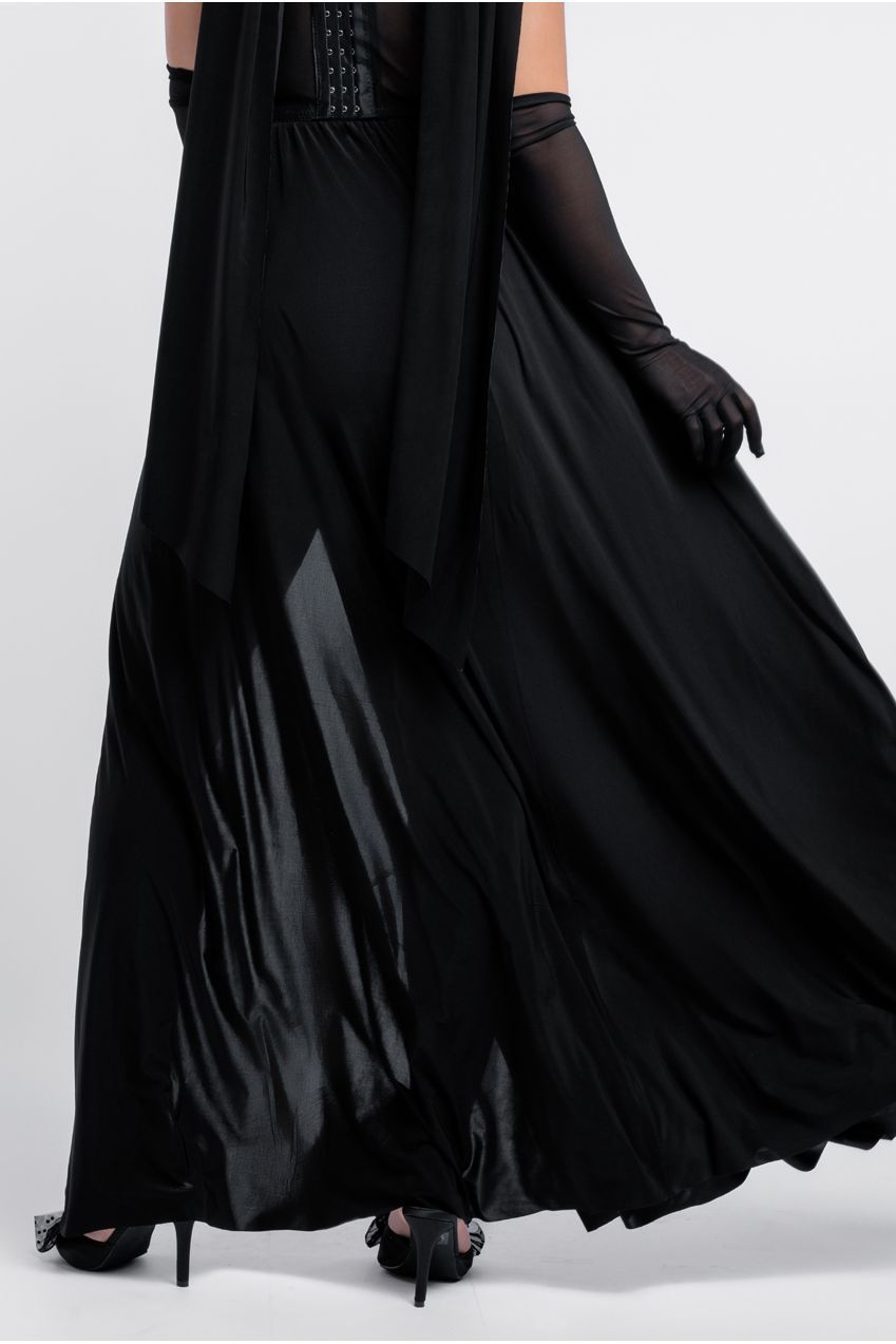 Goddiva Sequin Corset Side Split Jersey Maxi Skirt With Scarf & Stretch Mesh Gloves - Black & Silver