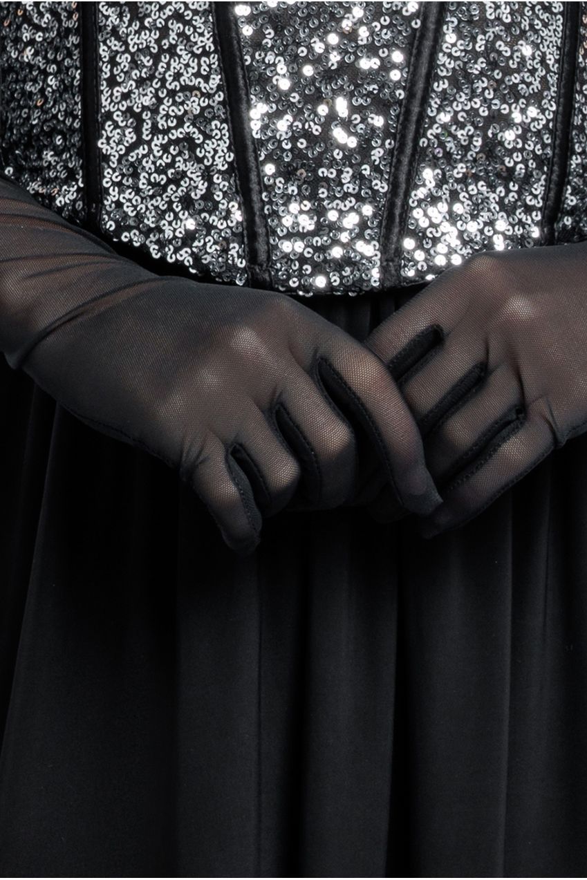 Goddiva Sequin Corset Side Split Jersey Maxi Skirt With Scarf & Stretch Mesh Gloves - Black & Silver