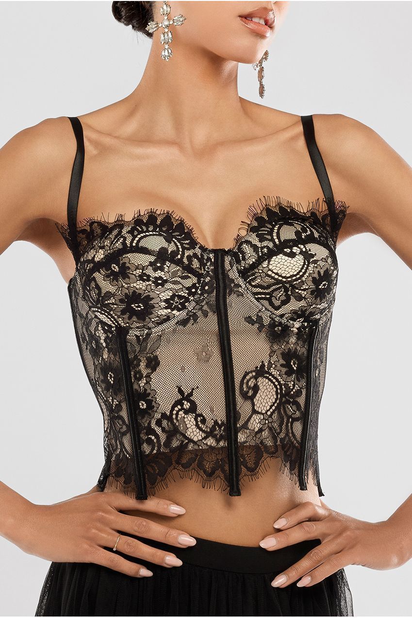Goddiva Cropped Lace Corset Tulle Gathered Midaxi Skirt With Embroidered Stretch Mesh Gloves & Jersey Scarf - Black