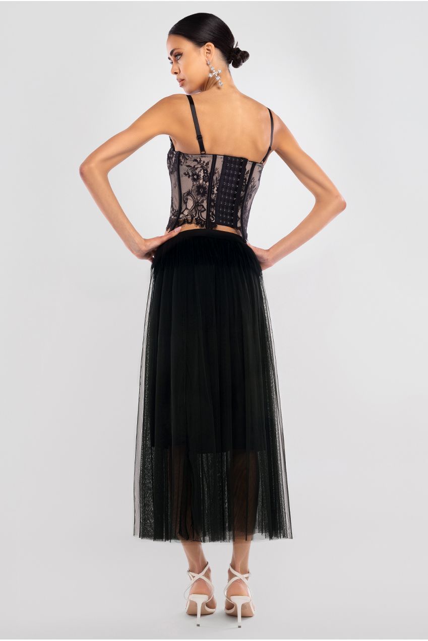 Goddiva Cropped Lace Corset Tulle Gathered Midaxi Skirt With Embroidered Stretch Mesh Gloves & Jersey Scarf - Black