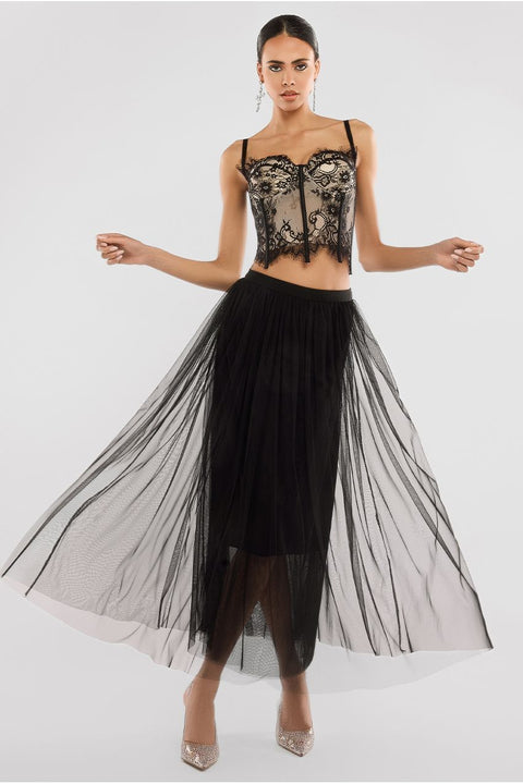 Goddiva Cropped Lace Corset Tulle Gathered Midaxi Skirt With Embroidered Stretch Mesh Gloves & Jersey Scarf - Black