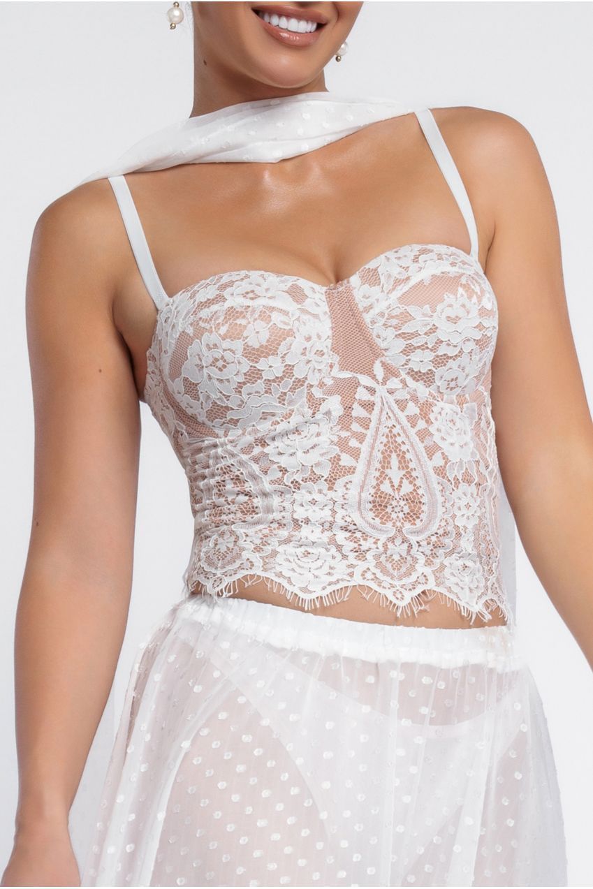 Goddiva Embroidered Lace Corset Polka Dobby Chiffon A-Line Maxi Skirt With Scarf & Gloves - Cream