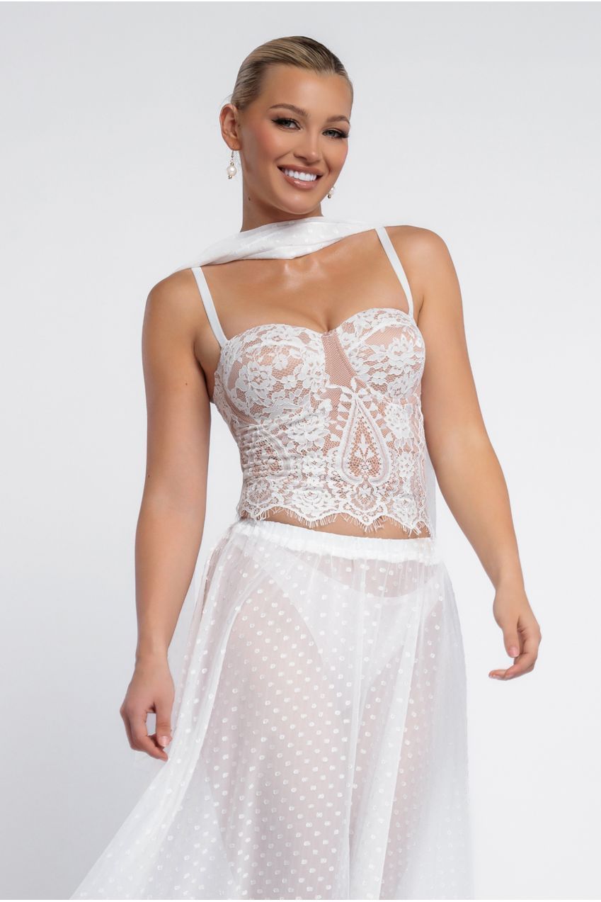 Goddiva Embroidered Lace Corset Polka Dobby Chiffon A-Line Maxi Skirt With Scarf & Gloves - Cream
