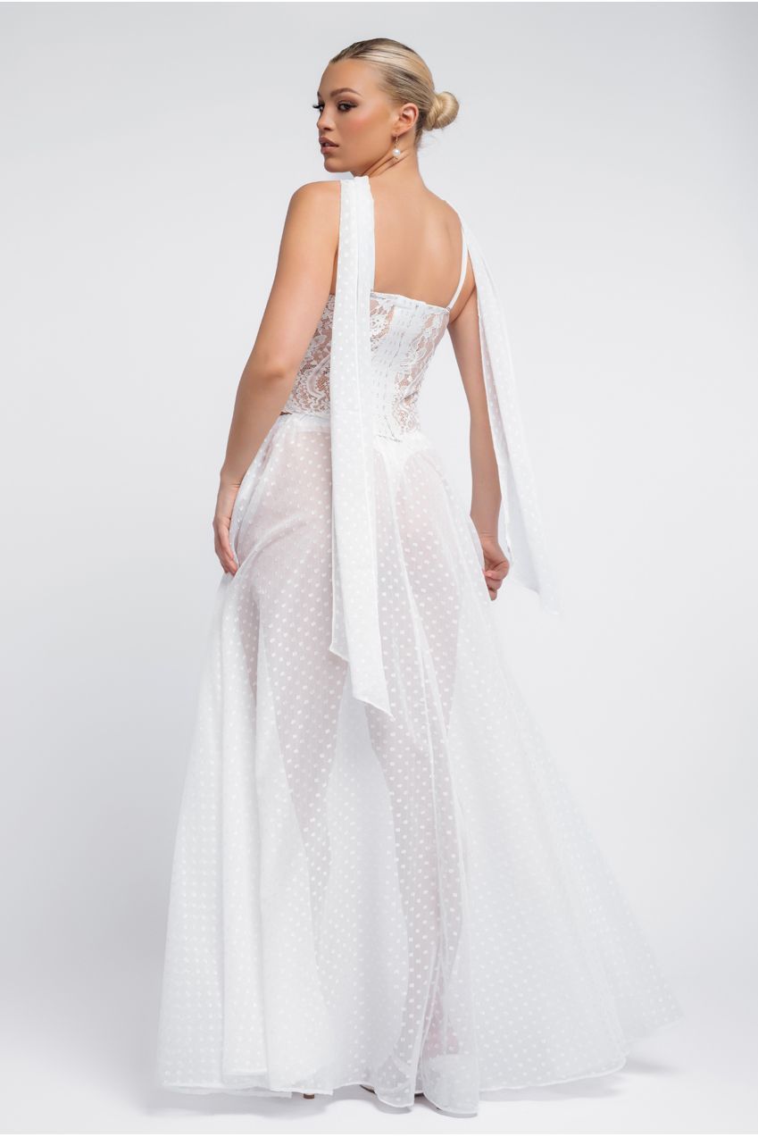 Goddiva Embroidered Lace Corset Polka Dobby Chiffon A-Line Maxi Skirt With Scarf & Gloves - Cream