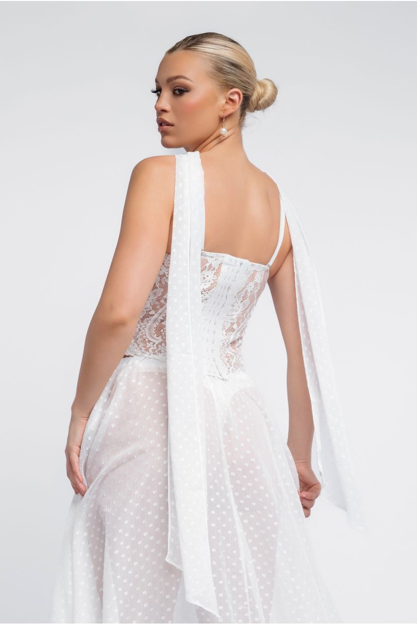 Goddiva Embroidered Lace Corset Polka Dobby Chiffon A-Line Maxi Skirt With Scarf & Gloves - Cream