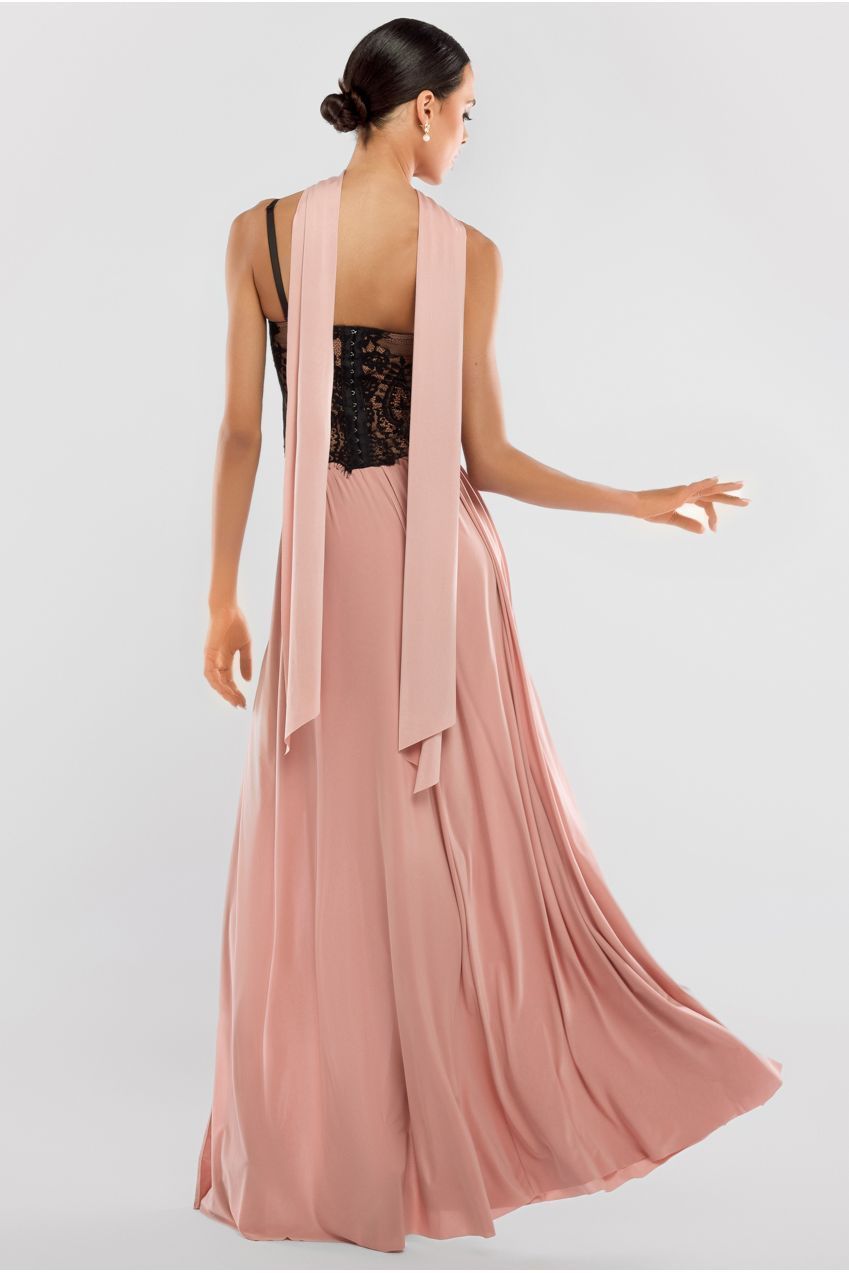Goddiva Embroidered Lace Corset Side Split Jersey Maxi Skirt With Jersey Scarf - Blush Pink