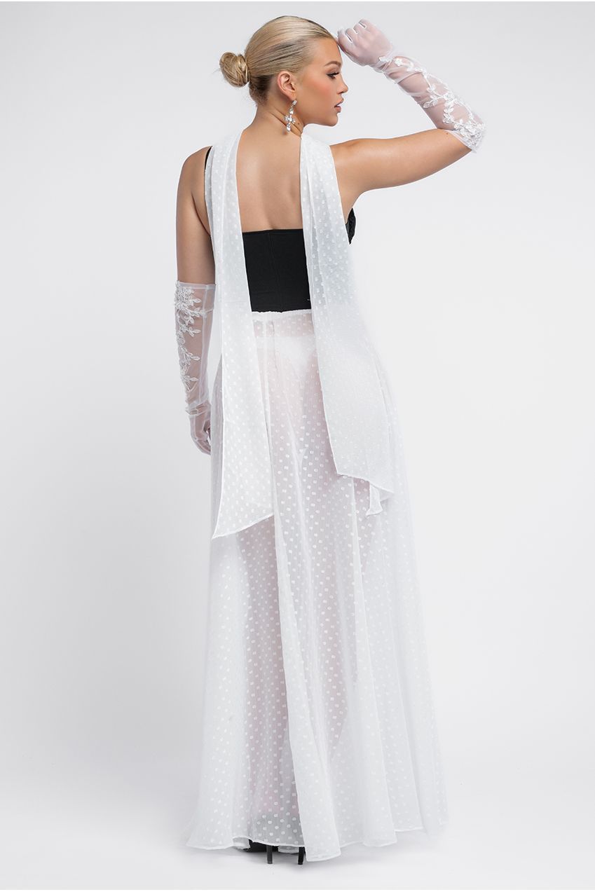 Goddiva Milk Maid Corset Polka Dobby Chiffon A-Line Maxi Skirt With Scarf & Gloves - Black & Cream