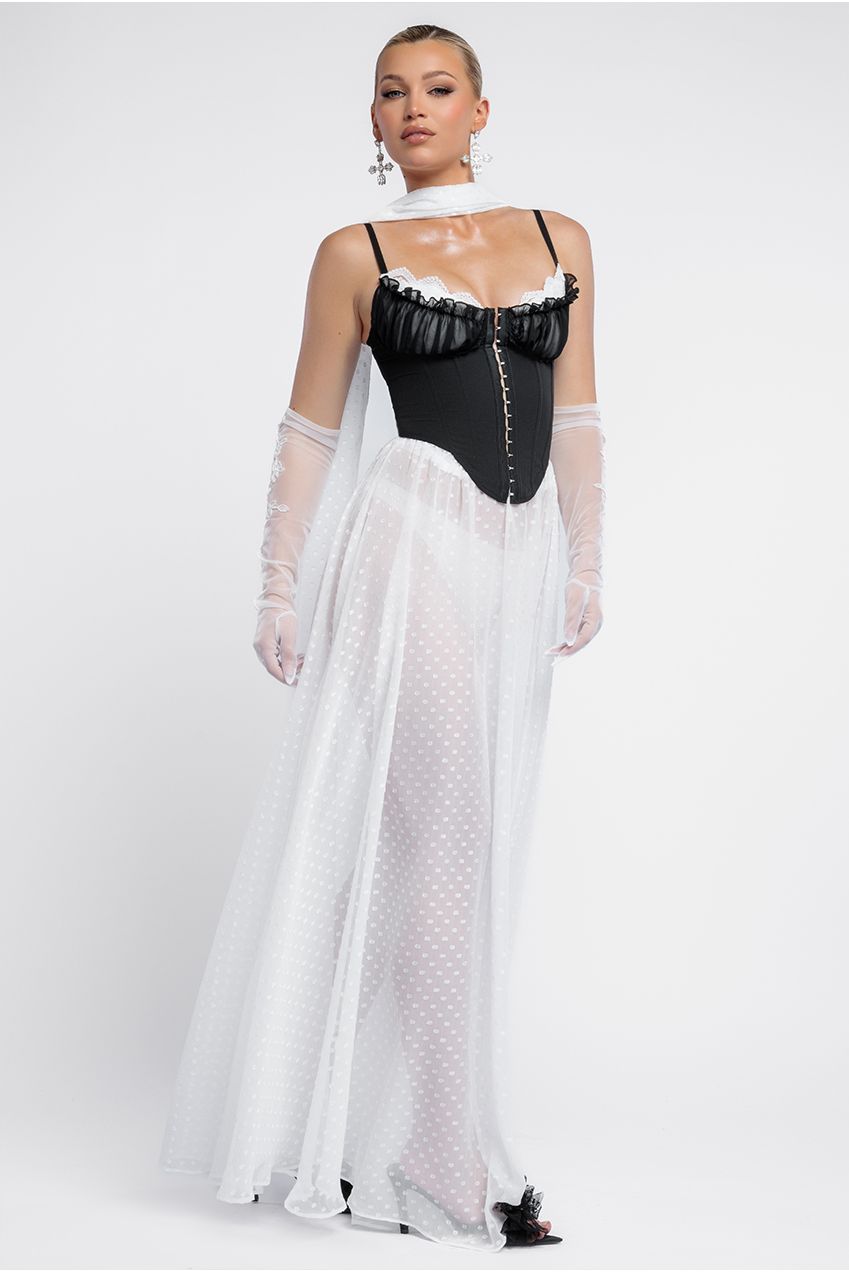 Goddiva Milk Maid Corset Polka Dobby Chiffon A-Line Maxi Skirt With Scarf & Gloves - Black & Cream