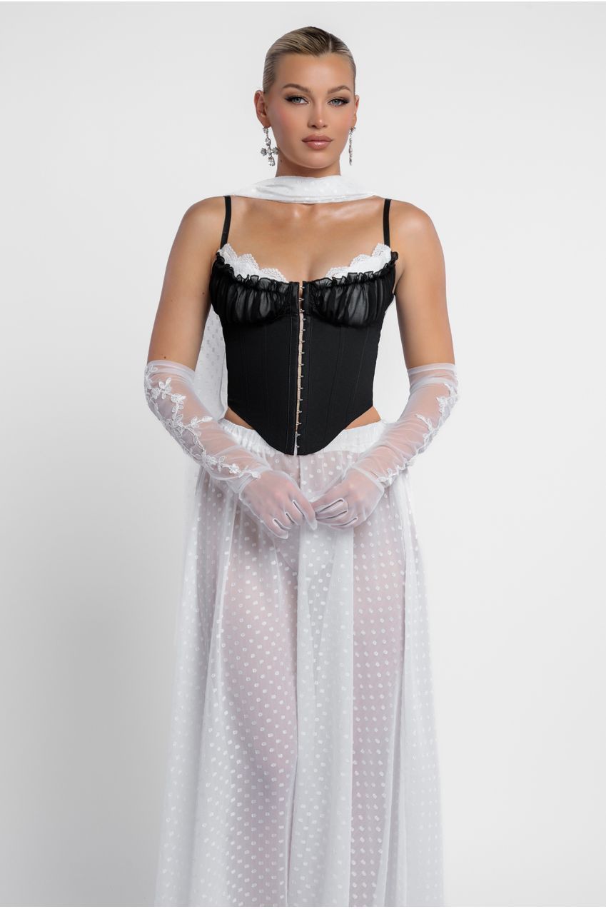 Goddiva Milk Maid Corset Polka Dobby Chiffon A-Line Maxi Skirt With Scarf & Gloves - Black & Cream