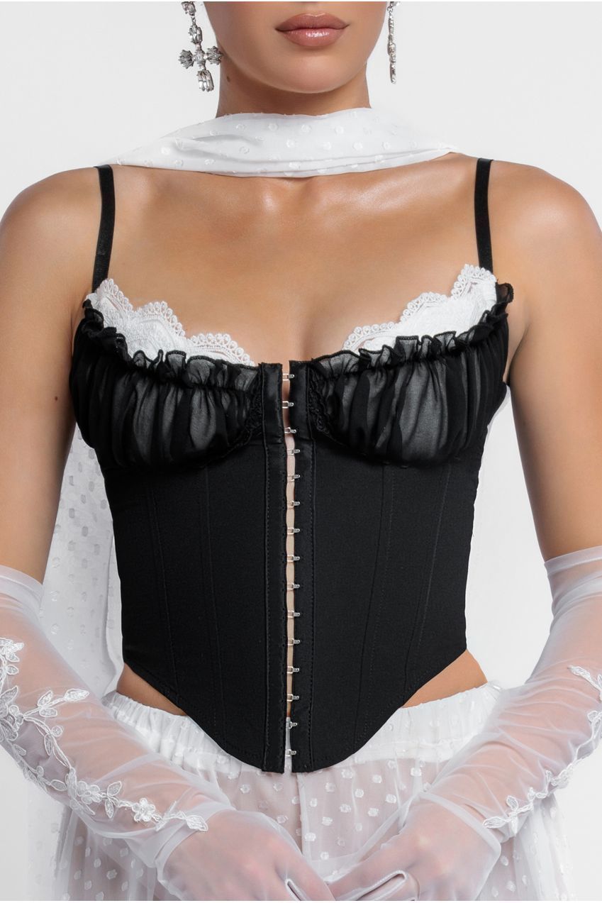Goddiva Milk Maid Corset Polka Dobby Chiffon A-Line Maxi Skirt With Scarf & Gloves - Black & Cream