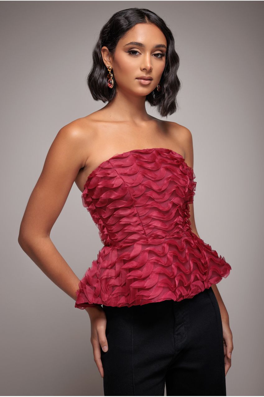 Goddiva Peplum 3D Textured Boob Tube Lace Up Corset - Burgundy