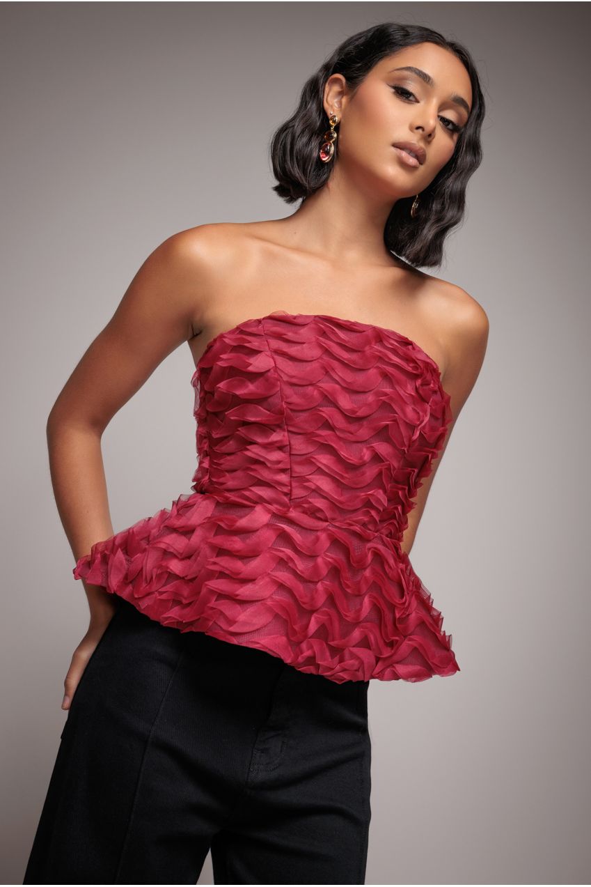 Goddiva Peplum 3D Textured Boob Tube Lace Up Corset - Burgundy