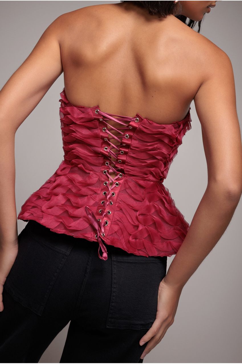 Goddiva Peplum 3D Textured Boob Tube Lace Up Corset - Burgundy