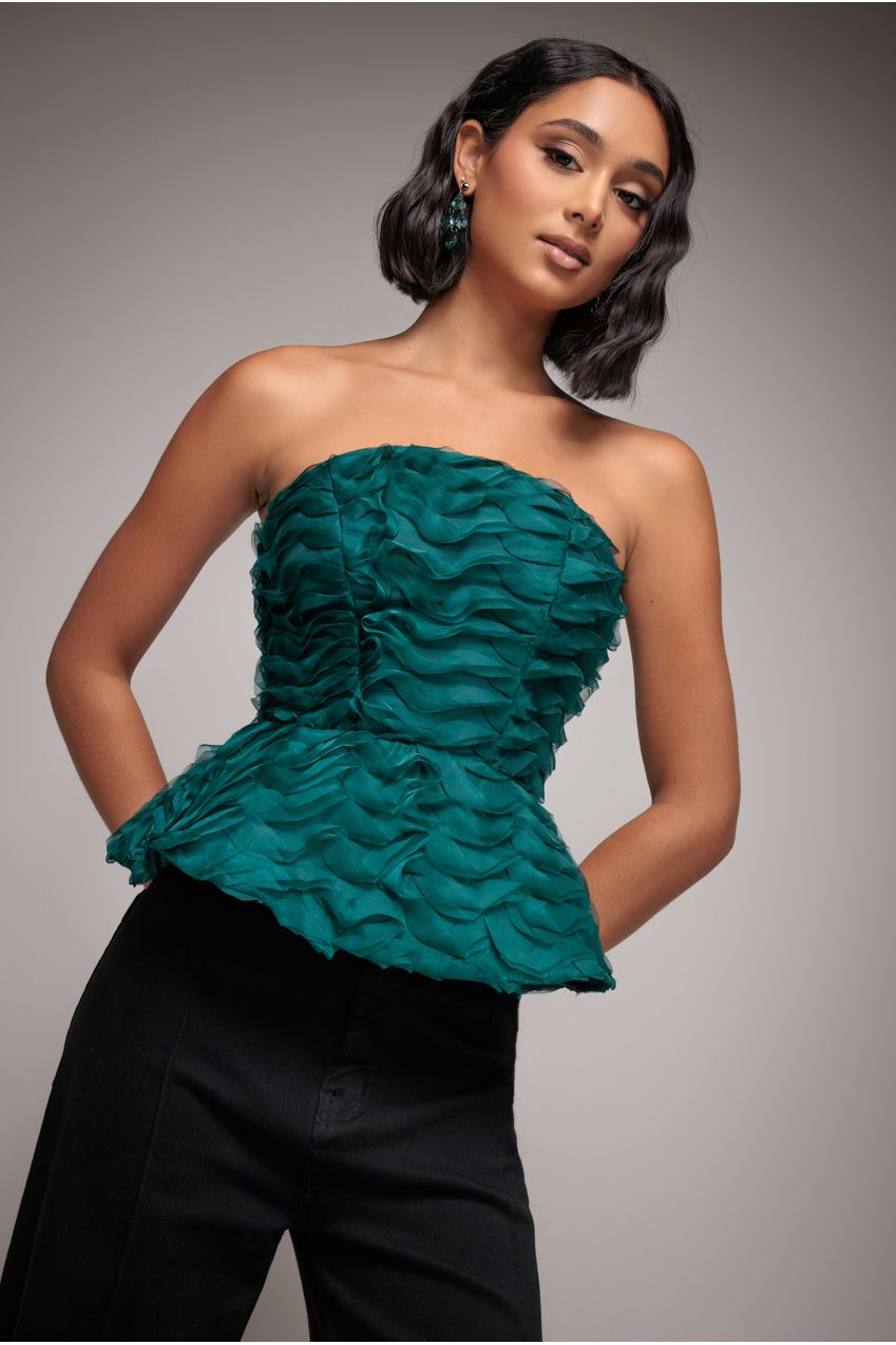 Goddiva Peplum 3D Textured Boob Tube Lace Up Corset - Emerald Green