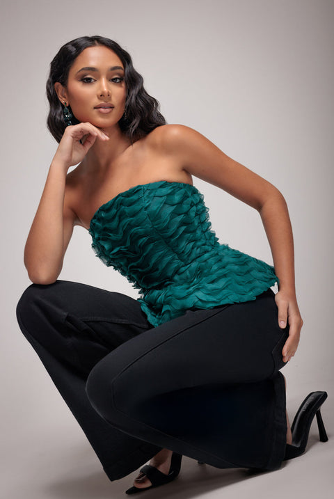 Goddiva Peplum 3D Textured Boob Tube Lace Up Corset - Emerald Green