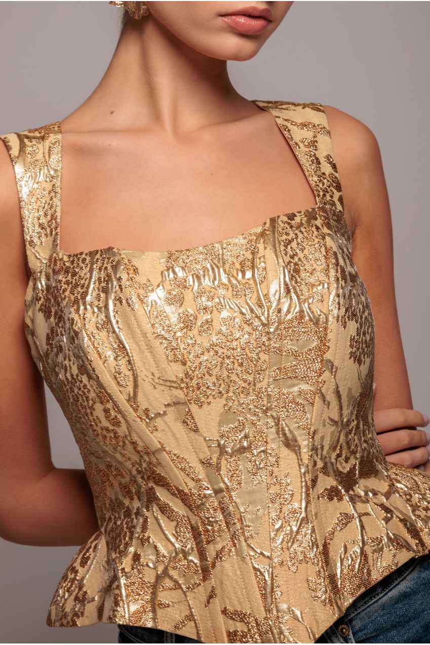 Goddiva Sleeveless Jacquard Lace Up Back Corset - Gold