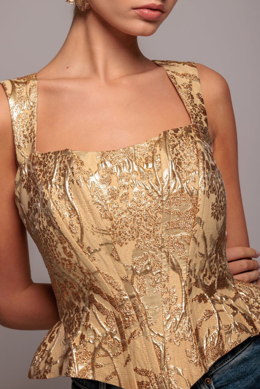 Goddiva Sleeveless Jacquard Lace Up Back Corset - Gold