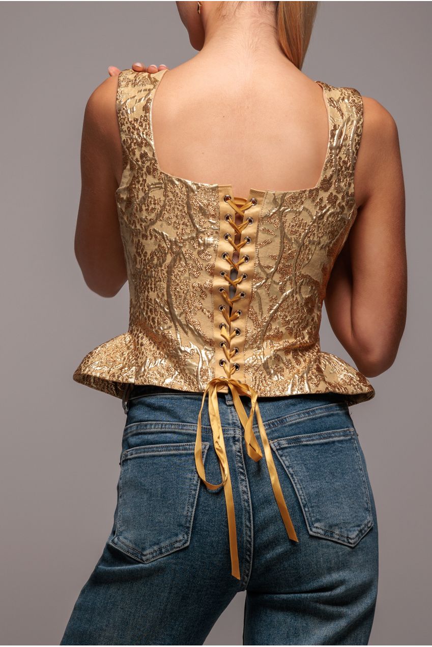 Goddiva Sleeveless Jacquard Lace Up Back Corset - Gold