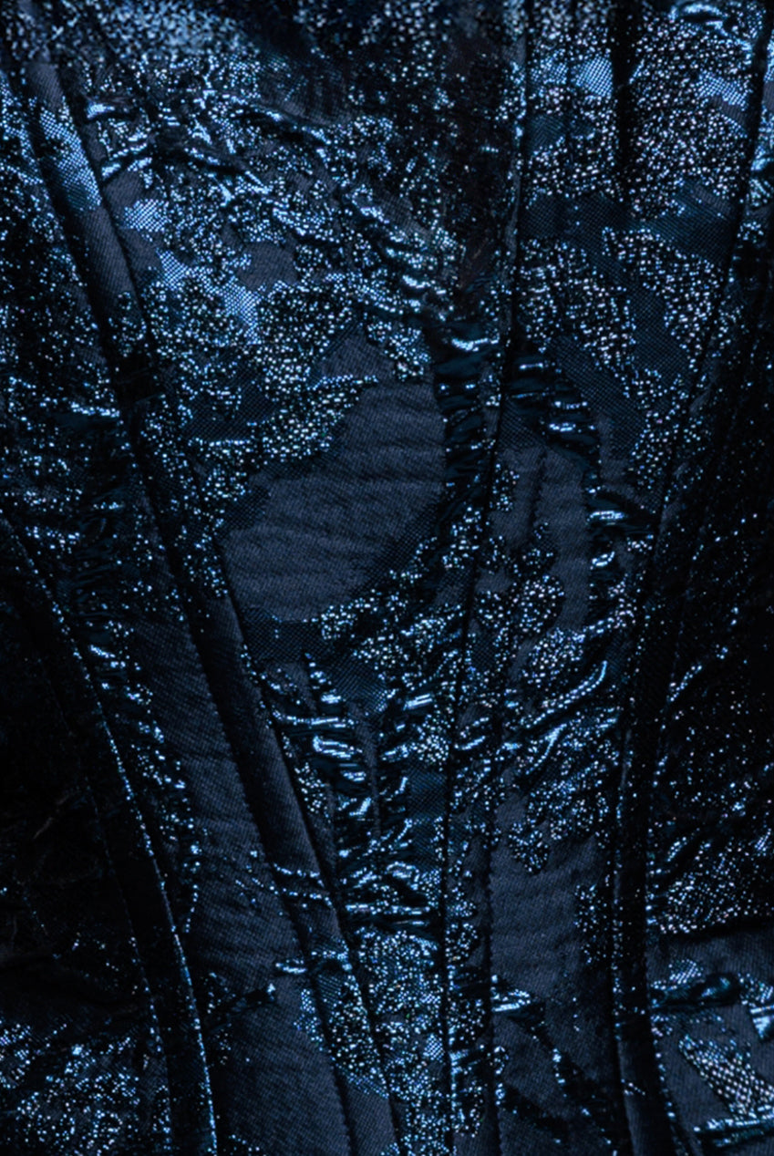 Goddiva Sleeveless Jacquard Lace Up Back Corset - Navy Blue