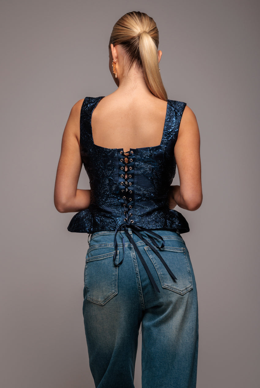 Goddiva Sleeveless Jacquard Lace Up Back Corset - Navy Blue