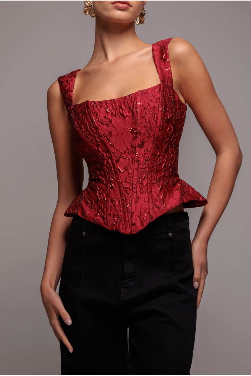 Goddiva Sleeveless Jacquard Lace Up Back Corset - Red