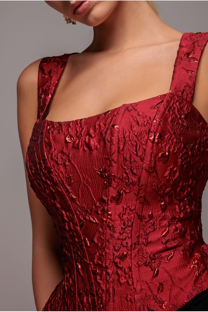 Goddiva Sleeveless Jacquard Lace Up Back Corset - Red