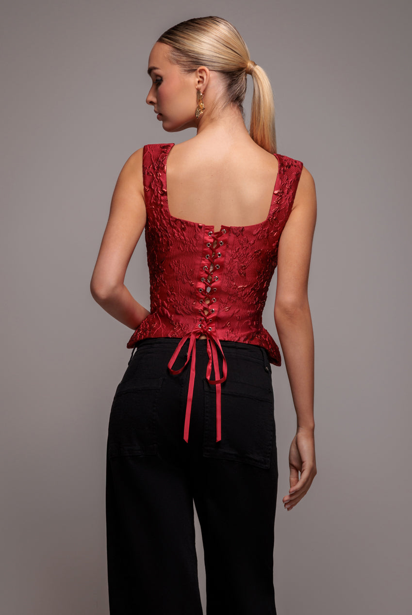 Goddiva Sleeveless Jacquard Lace Up Back Corset - Red