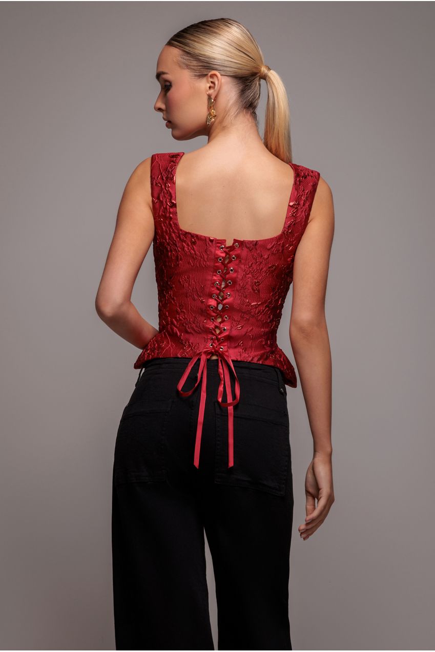 Goddiva Sleeveless Jacquard Lace Up Back Corset - Red