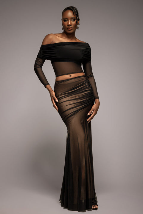 Goddiva Mesh Gathered Mermaid Maxi Skirt - Black