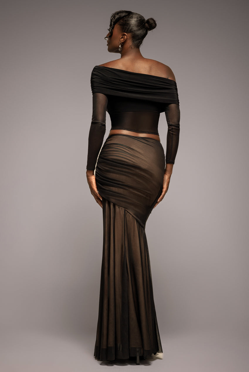Goddiva Mesh Gathered Mermaid Maxi Skirt - Black
